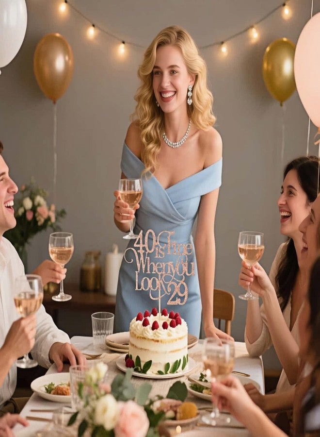 RyanDesign 40th Birthday Cake Topper - "40 is Fine When You Look 29" Rose Gold Glitter - Sturdy Stick Decorations for Cakes, Desserts & Parties - Image 2